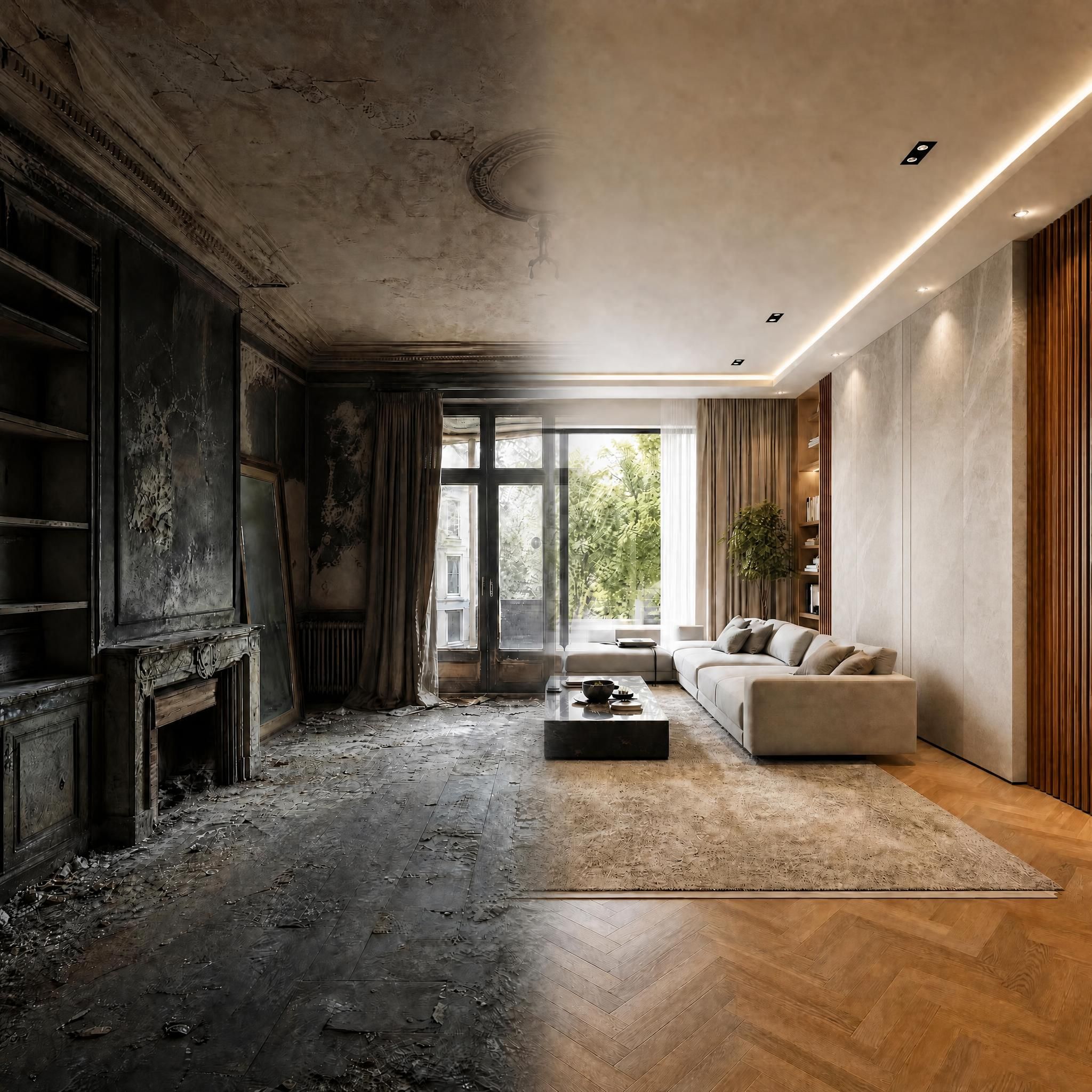 Un salon ancien à l'abandon sur la gauche, le même salon rénové et habité sur la droite
