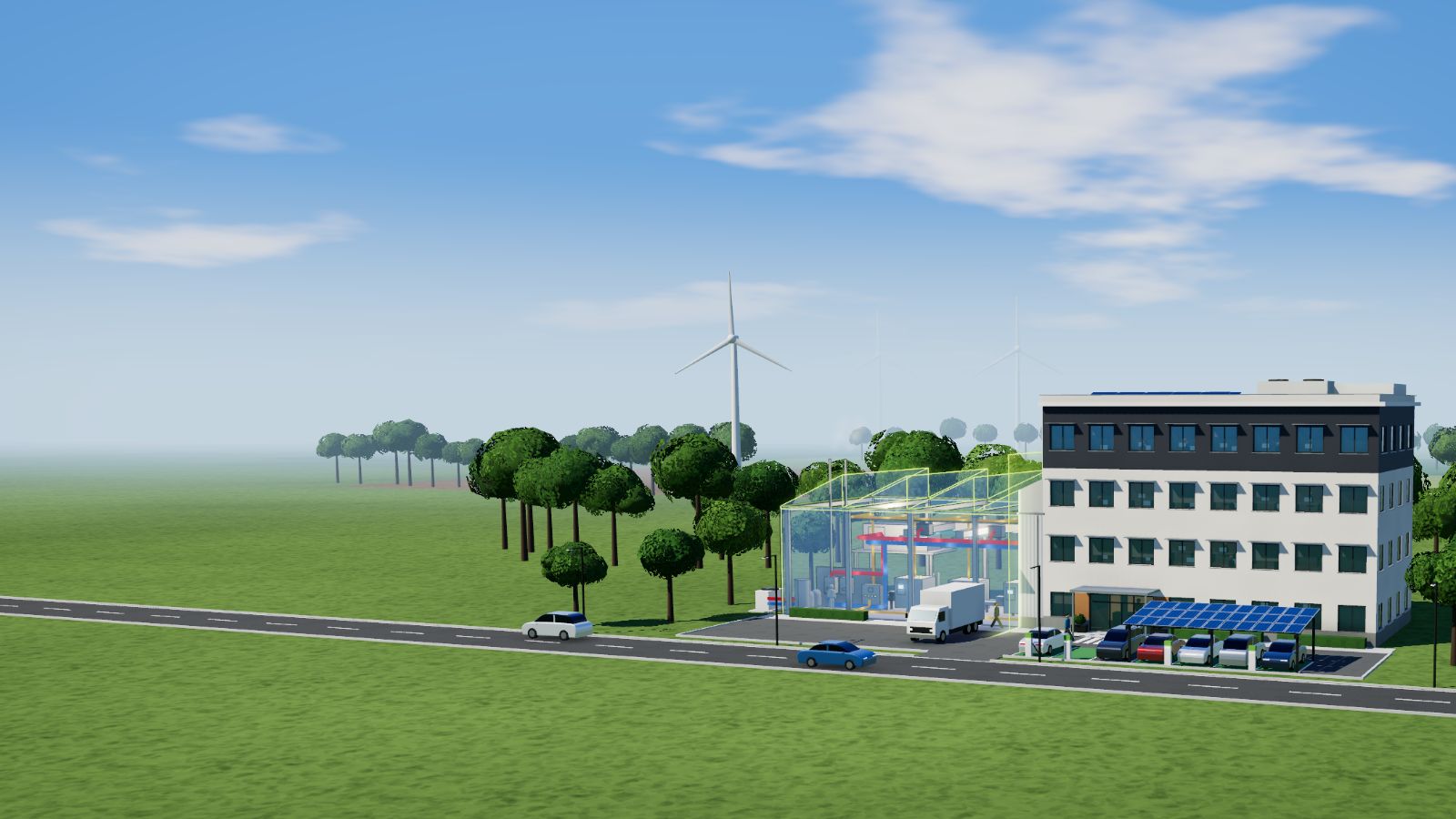 Un bâtiment de bureaux et son hall industriel, sous un ciel bleu. À gauche, le bâtiment dessiné comme une maquette, avec ses machines et ses réseaux de chauffage, de ventilation et d'électricité. À droite, le bâtiment fermé, tel qu'il se présente. Devant, un carport solaire et des bornes de recharge ; derrière, des éoliennes.