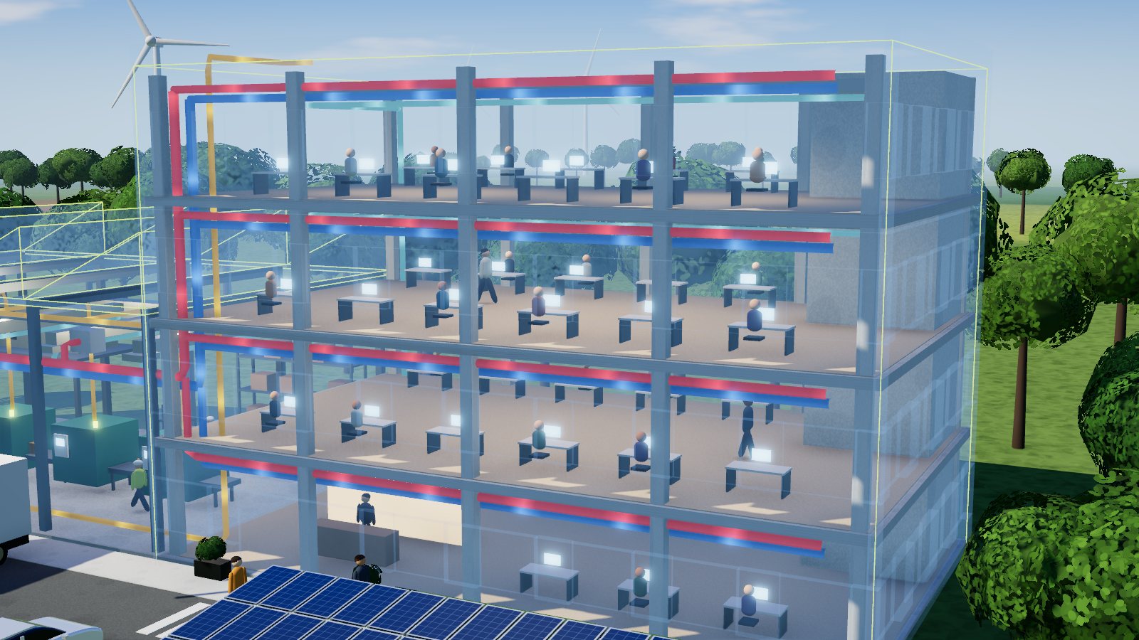 Illustration 3D : plateaux de bureaux vus en coupe, avec leurs réseaux de chauffage et de ventilation