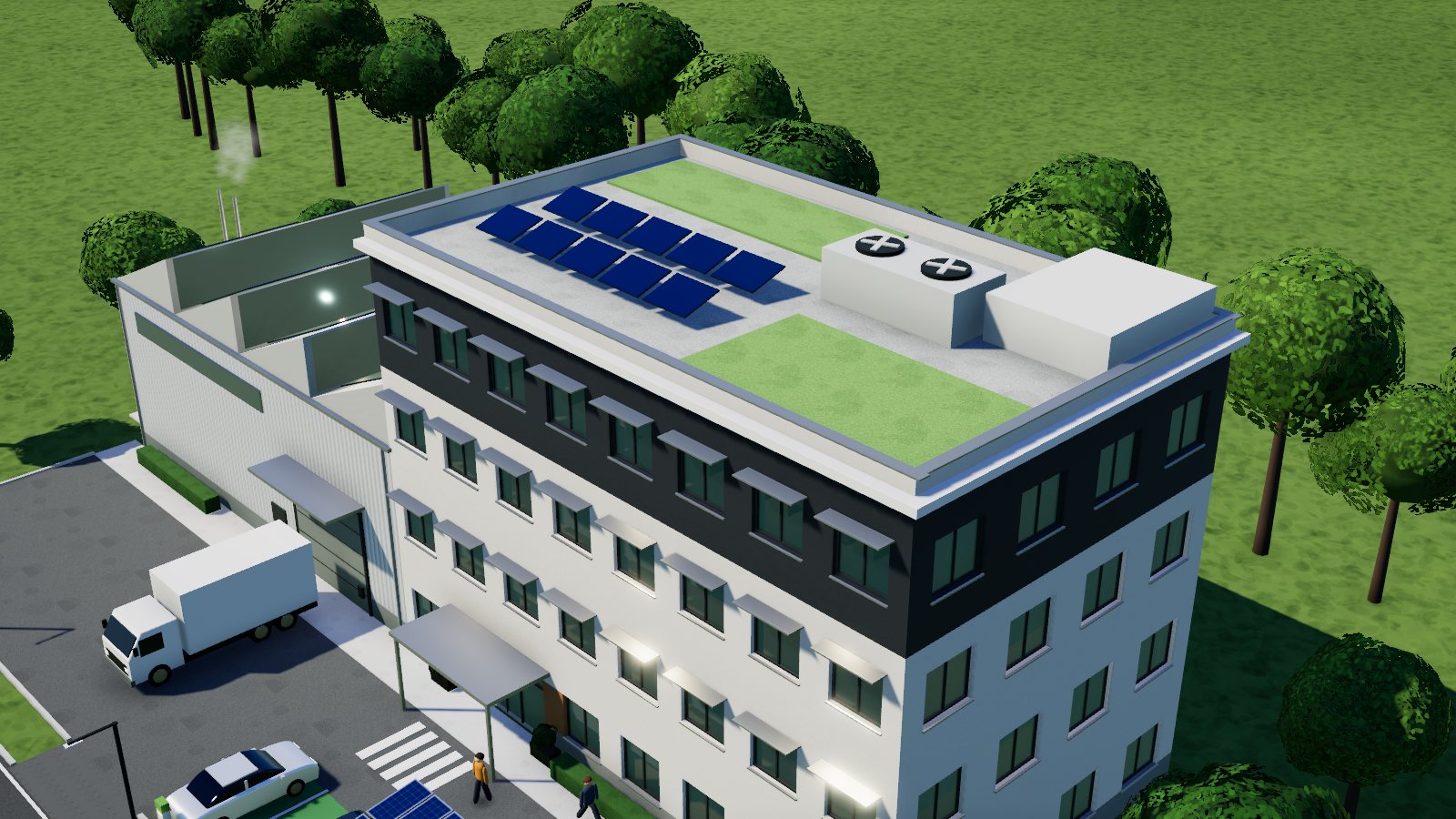 Illustration 3D : toiture d'un immeuble de bureaux, avec panneaux solaires, toiture végétalisée et groupe de ventilation