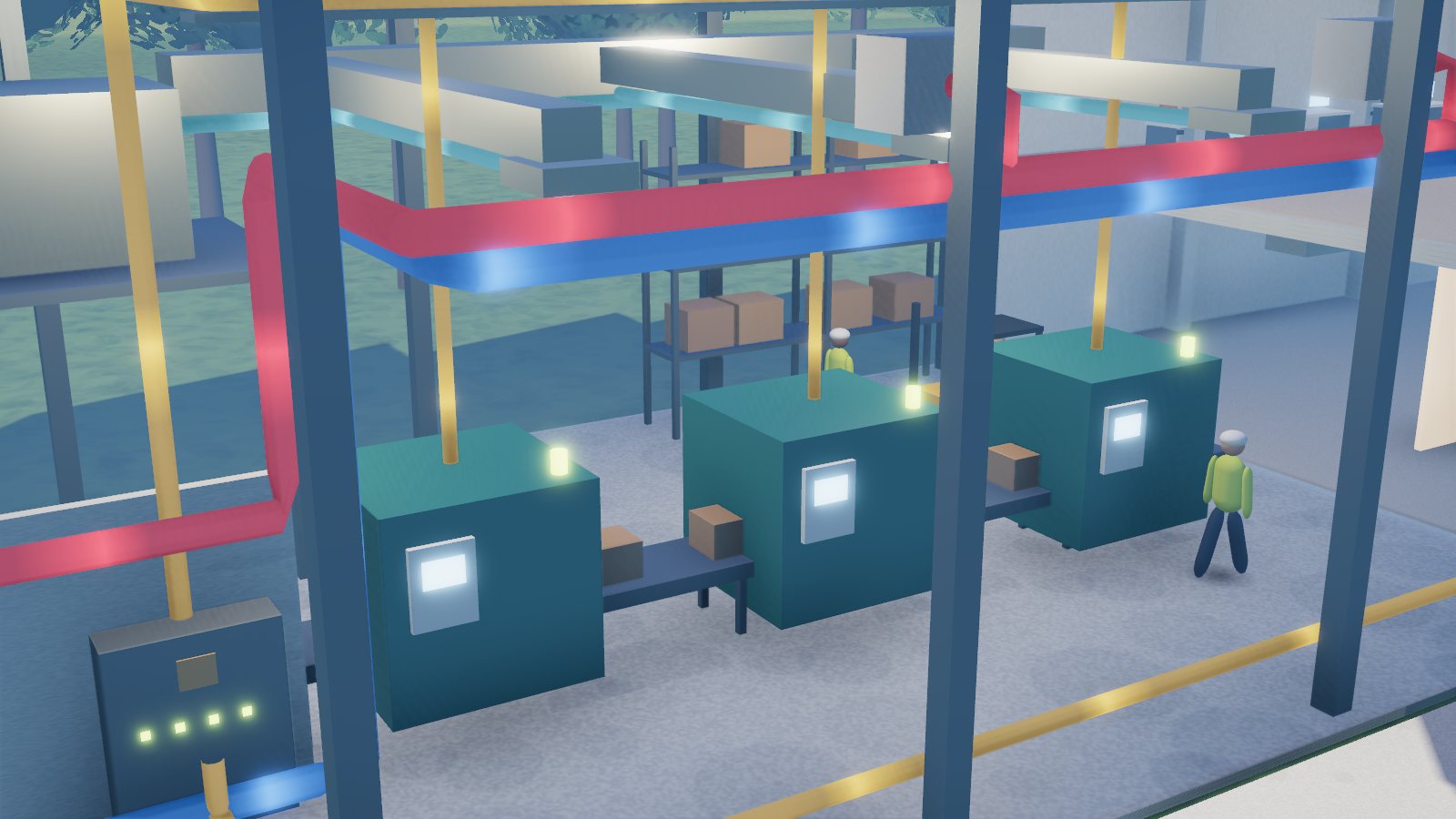 Illustration 3D : ligne de production d'un atelier, alimentée par les réseaux d'électricité et de chauffage