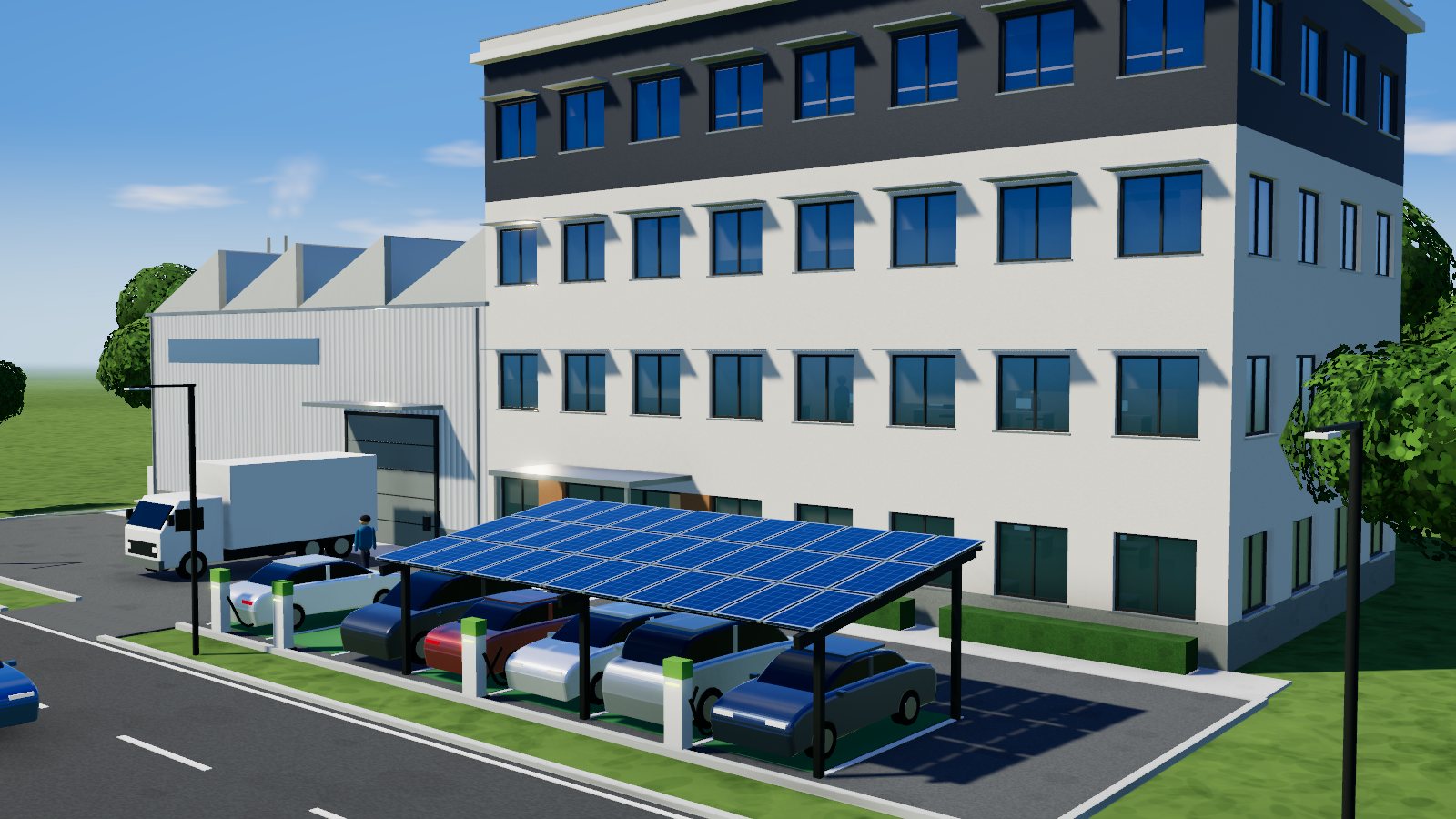 Illustration 3D : carport photovoltaïque et bornes de recharge devant un immeuble de bureaux