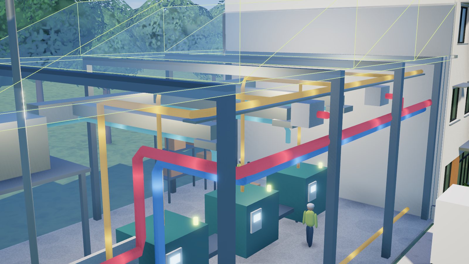 Illustration 3D : réseaux de chauffage, de ventilation et d'électricité sous la toiture d'un hall, au-dessus de la ligne de production