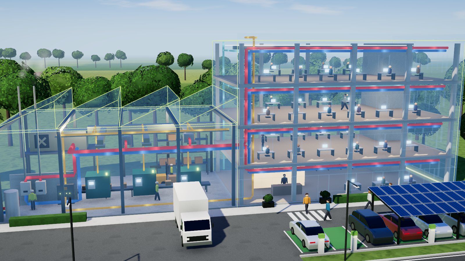 Illustration 3D : bureaux et hall industriel vus en coupe, avec l'ensemble de leurs réseaux techniques