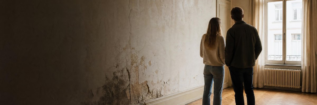 Un couple visite un appartement ancien, devant de hautes fenêtres