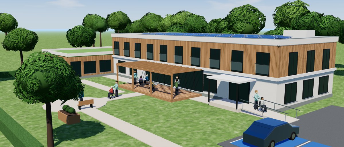 Illustration 3D : home pour personnes en situation de handicap, avec sa terrasse, son jardin, ses résidents et leurs accompagnants
